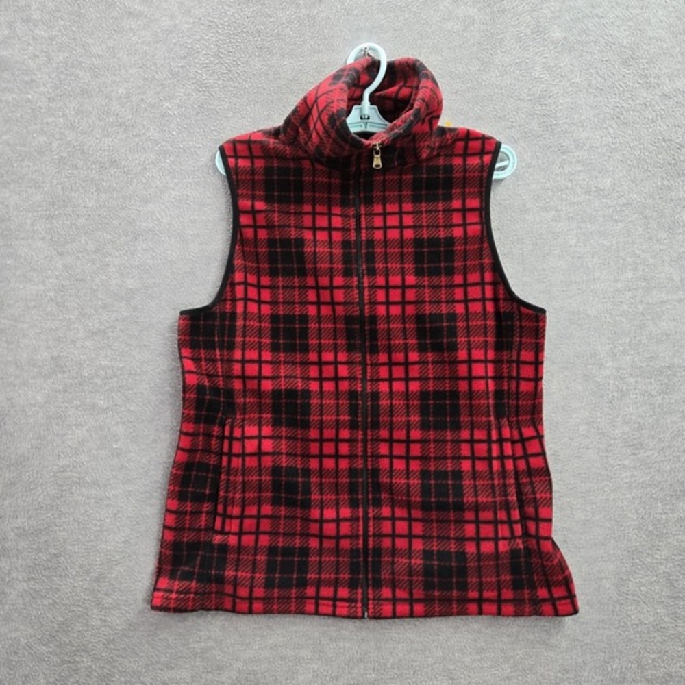 Chaps Women Vest L/G‎ Red Plaid Fleece Sleeveless Polyester